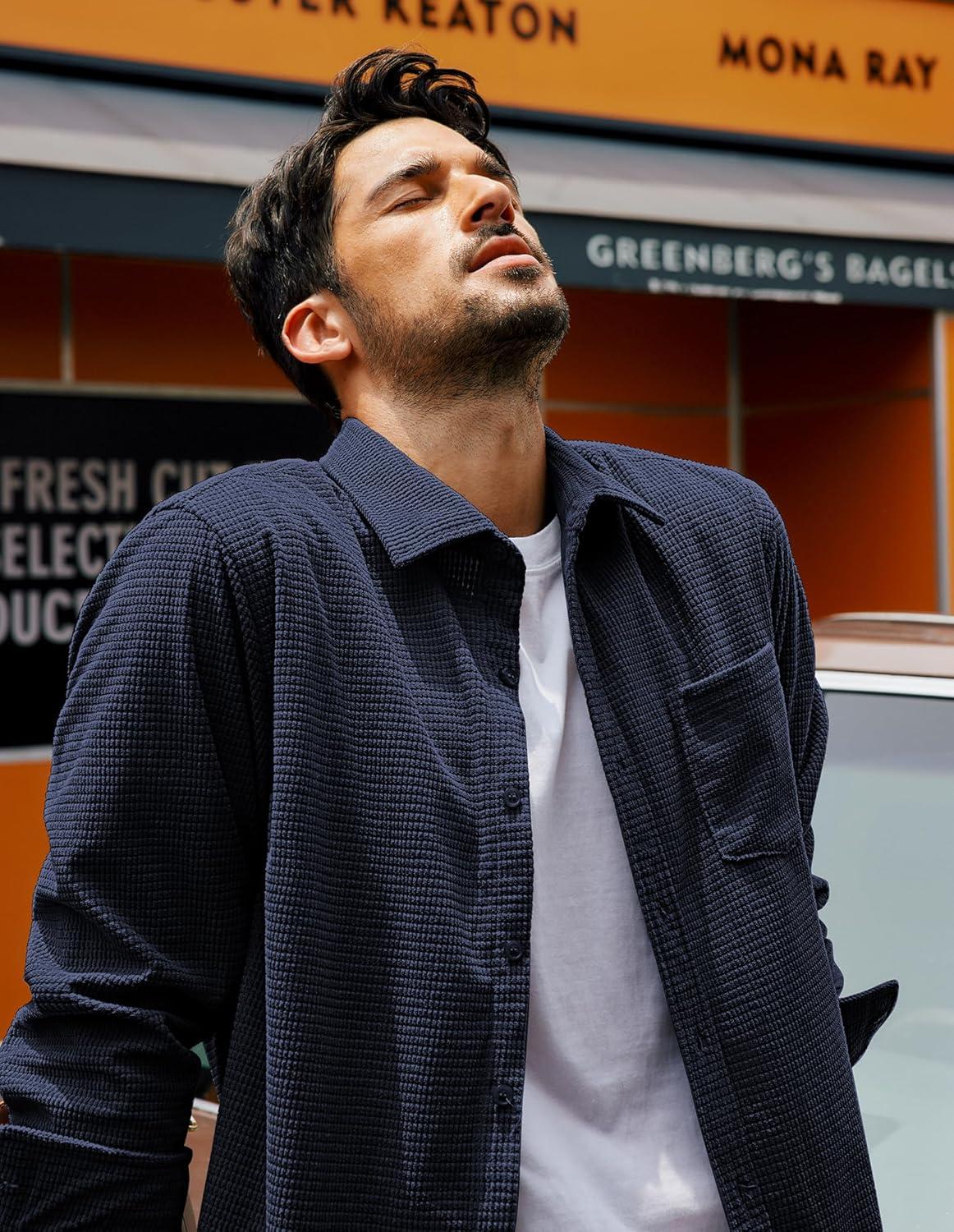 imagePJ PAUL JONES Mens Button Down Shirt Texture Wrinkle Free Shirts Long Sleeve Waffle Untucked ShirtDark Blue