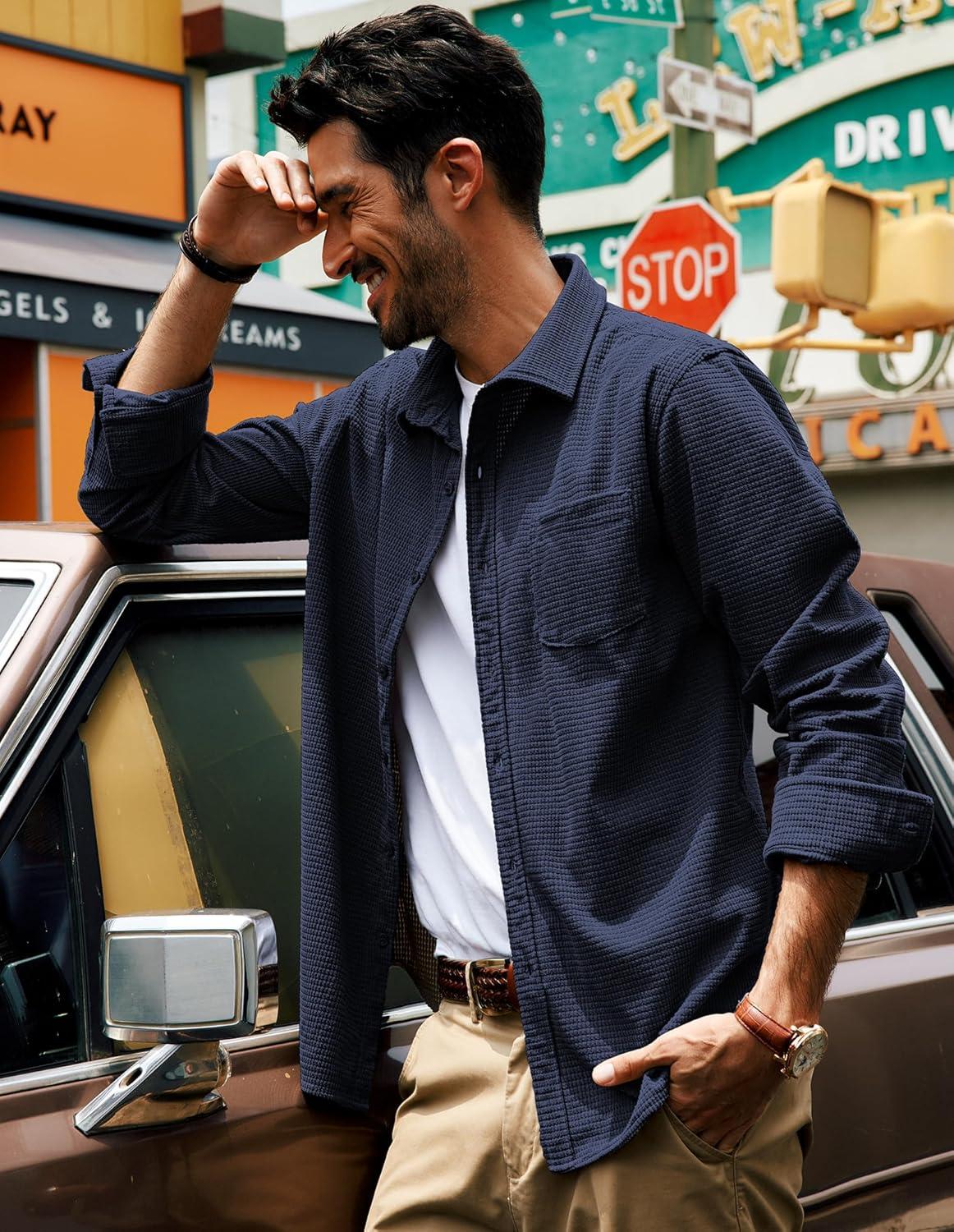 imagePJ PAUL JONES Mens Button Down Shirt Texture Wrinkle Free Shirts Long Sleeve Waffle Untucked ShirtDark Blue