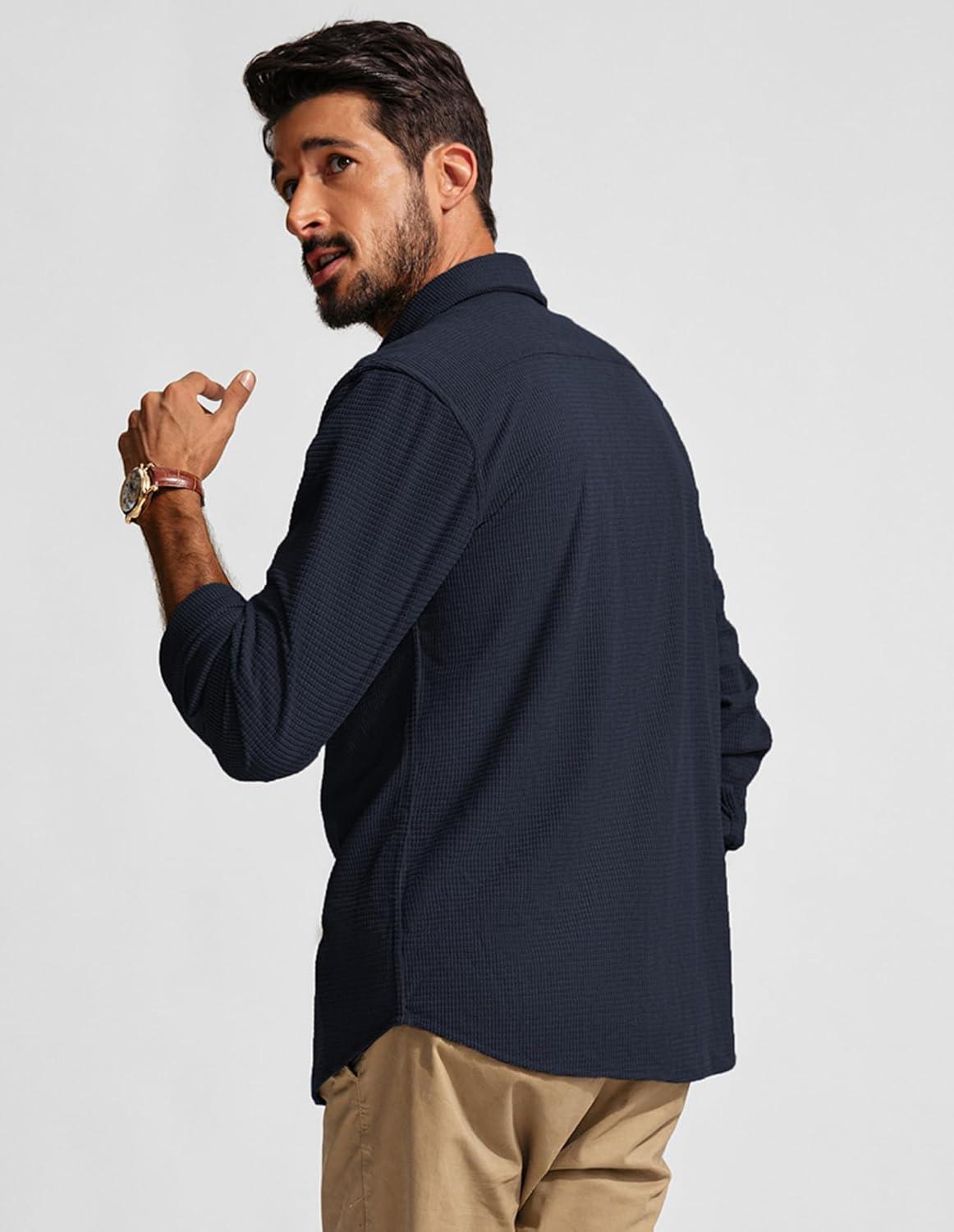 imagePJ PAUL JONES Mens Button Down Shirt Texture Wrinkle Free Shirts Long Sleeve Waffle Untucked ShirtDark Blue