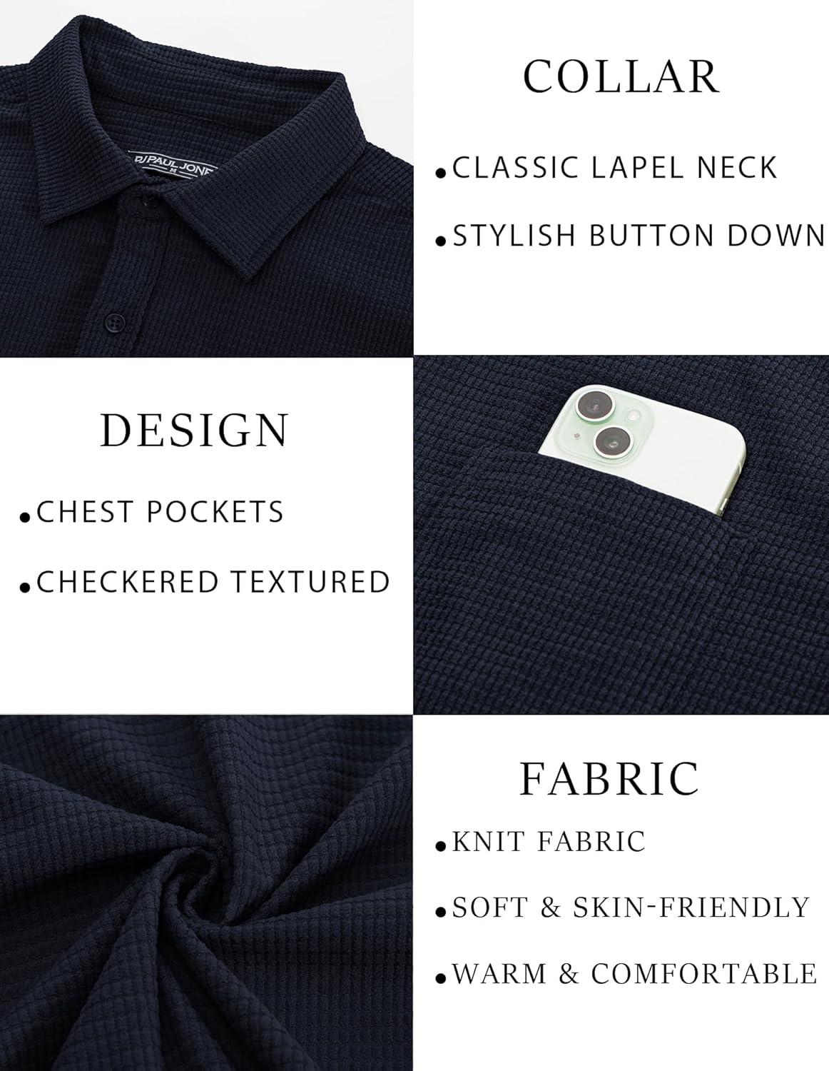 imagePJ PAUL JONES Mens Button Down Shirt Texture Wrinkle Free Shirts Long Sleeve Waffle Untucked ShirtDark Blue