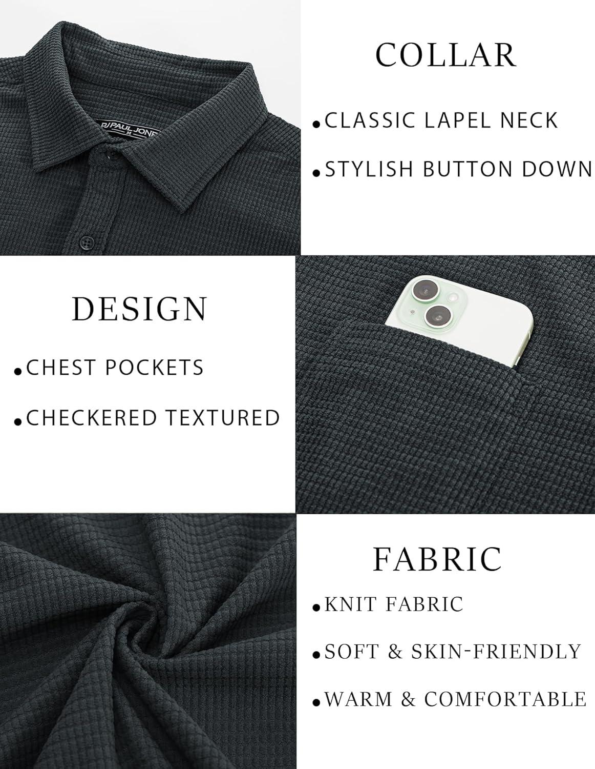 imagePJ PAUL JONES Mens Button Down Shirt Texture Wrinkle Free Shirts Long Sleeve Waffle Untucked ShirtDark Grey