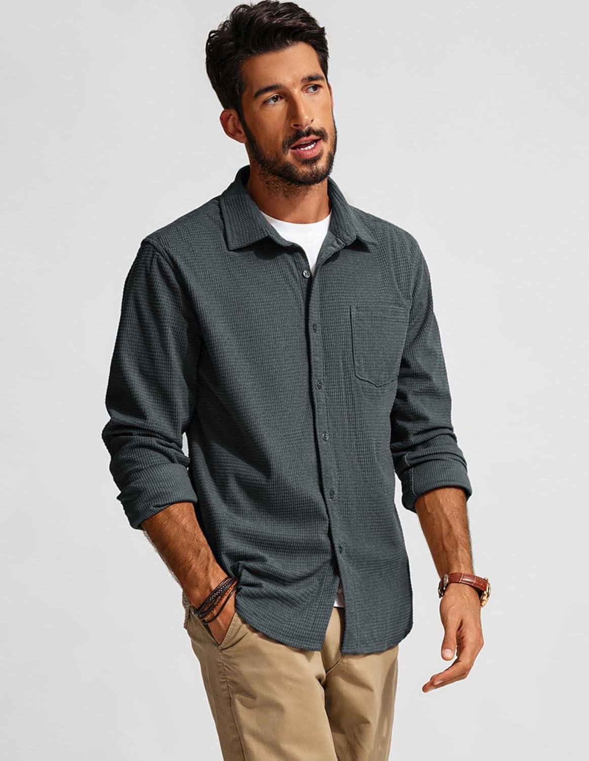 imagePJ PAUL JONES Mens Button Down Shirt Texture Wrinkle Free Shirts Long Sleeve Waffle Untucked ShirtDark Grey