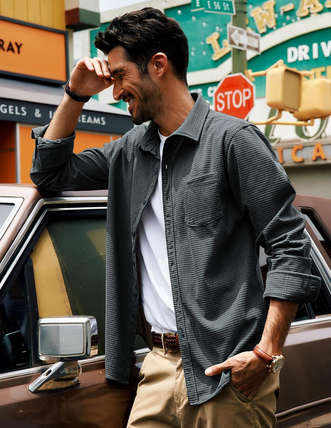 imagePJ PAUL JONES Mens Button Down Shirt Texture Wrinkle Free Shirts Long Sleeve Waffle Untucked ShirtDark Grey
