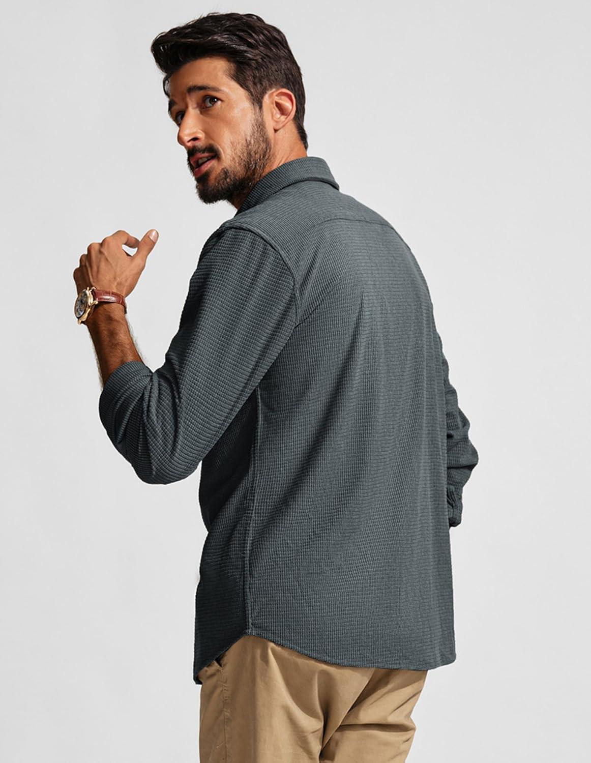 imagePJ PAUL JONES Mens Button Down Shirt Texture Wrinkle Free Shirts Long Sleeve Waffle Untucked ShirtDark Grey