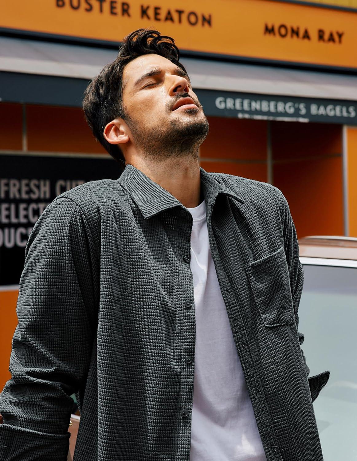 imagePJ PAUL JONES Mens Button Down Shirt Texture Wrinkle Free Shirts Long Sleeve Waffle Untucked ShirtDark Grey