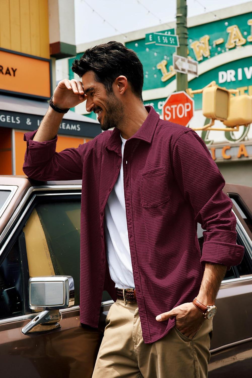 imagePJ PAUL JONES Mens Button Down Shirt Texture Wrinkle Free Shirts Long Sleeve Waffle Untucked ShirtDark Red