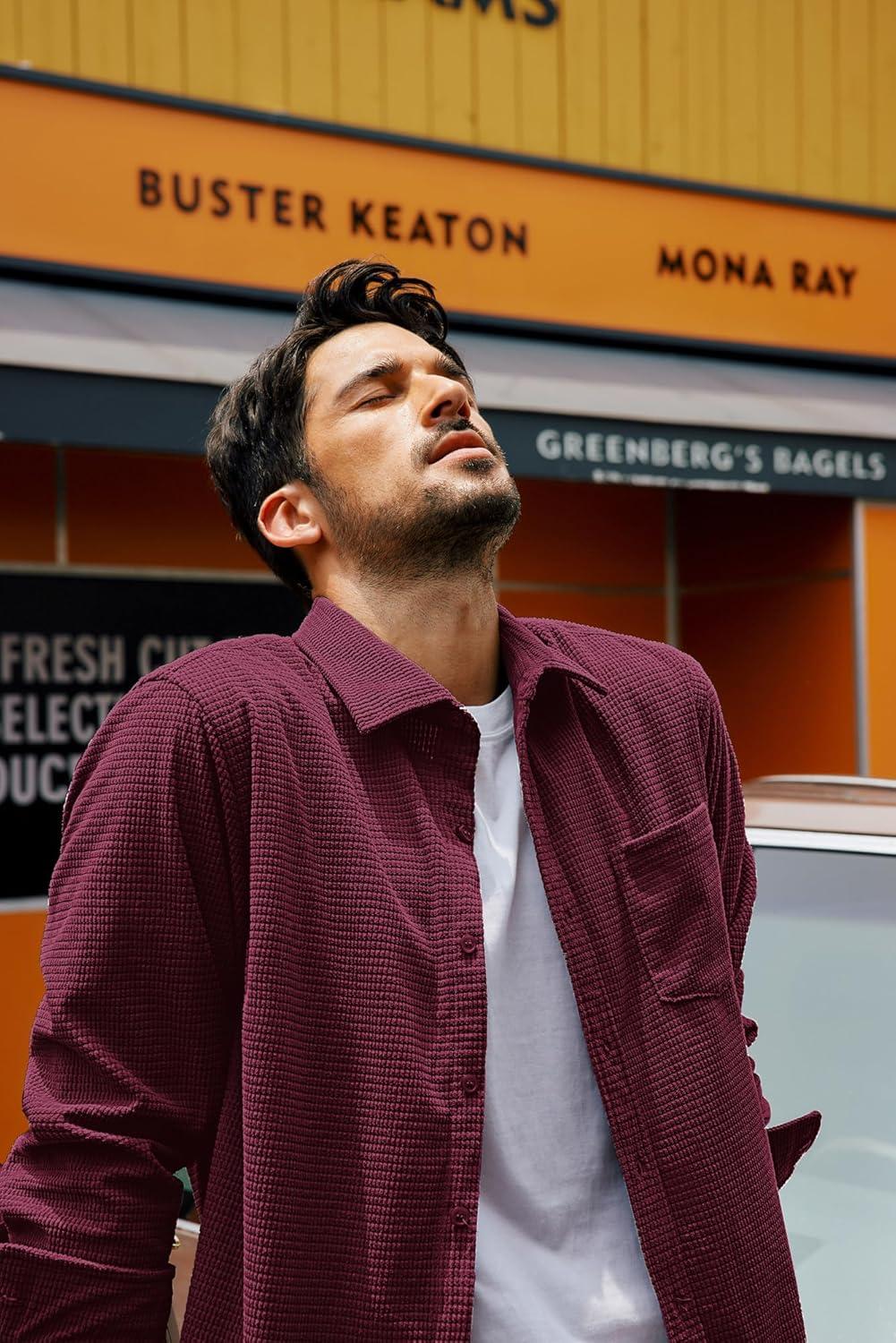 imagePJ PAUL JONES Mens Button Down Shirt Texture Wrinkle Free Shirts Long Sleeve Waffle Untucked ShirtDark Red