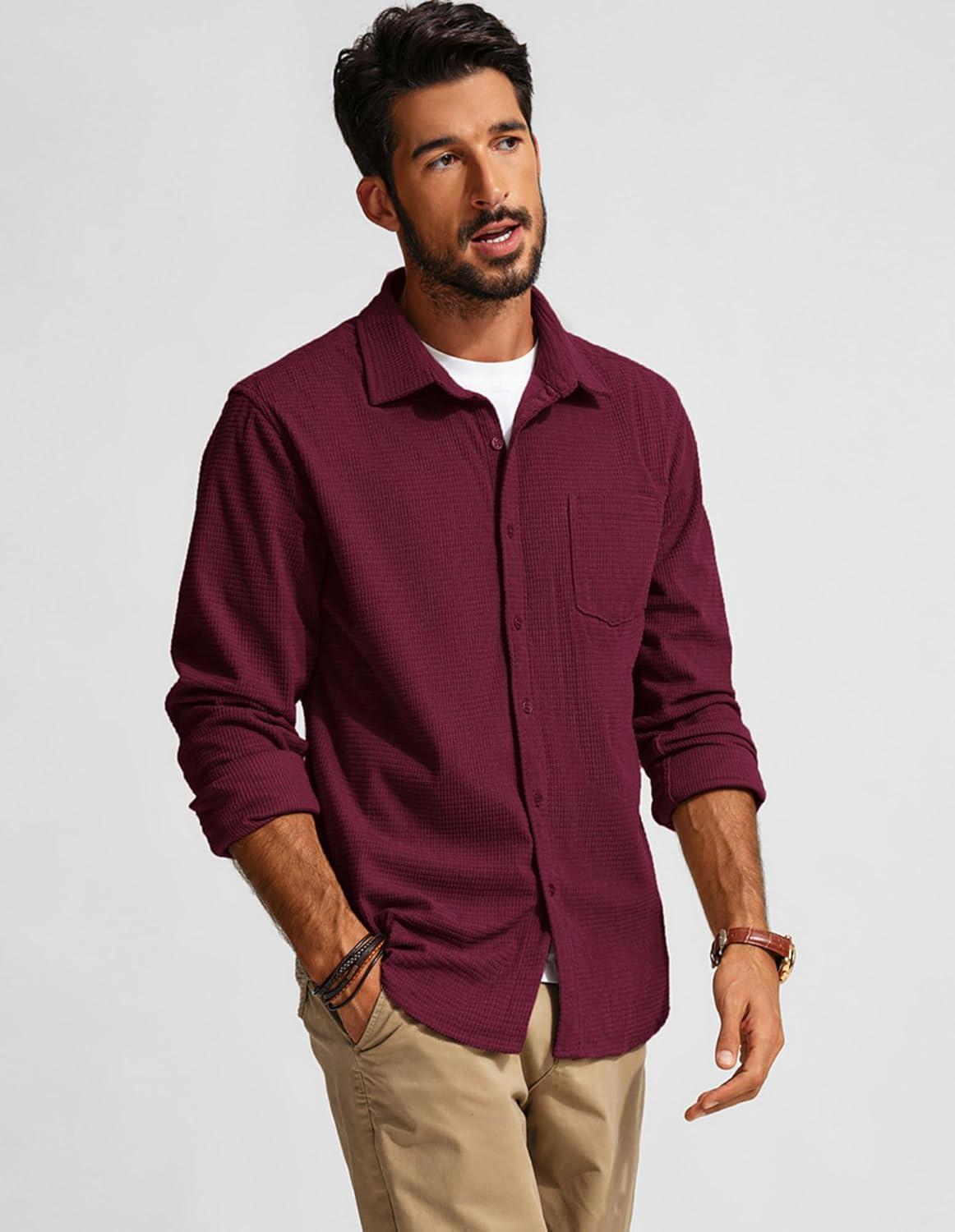imagePJ PAUL JONES Mens Button Down Shirt Texture Wrinkle Free Shirts Long Sleeve Waffle Untucked ShirtDark Red