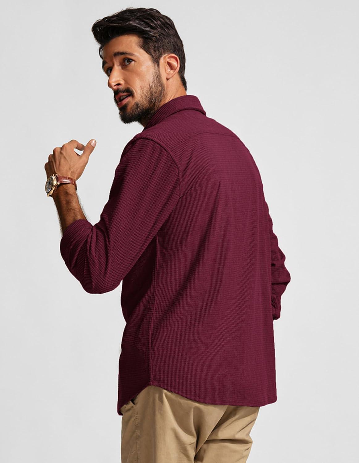 imagePJ PAUL JONES Mens Button Down Shirt Texture Wrinkle Free Shirts Long Sleeve Waffle Untucked ShirtDark Red
