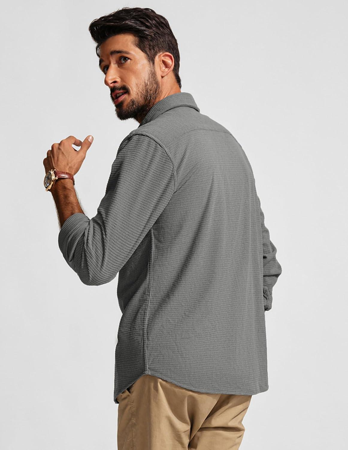 imagePJ PAUL JONES Mens Button Down Shirt Texture Wrinkle Free Shirts Long Sleeve Waffle Untucked ShirtGrey