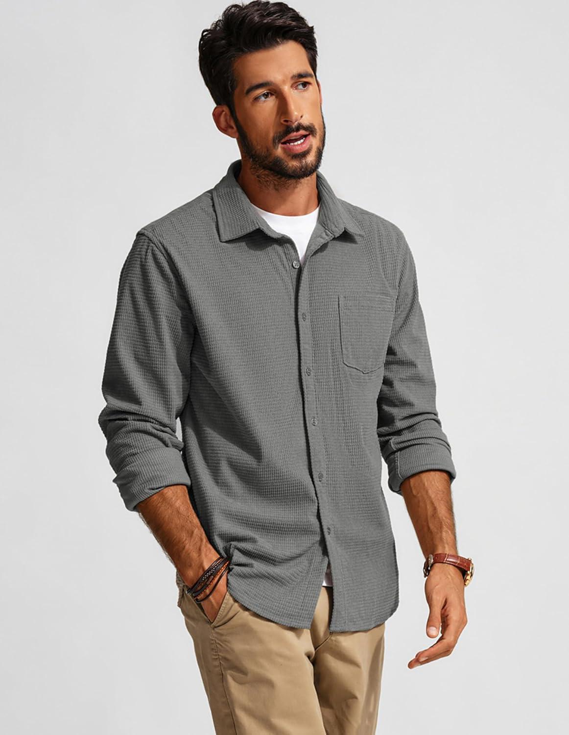 imagePJ PAUL JONES Mens Button Down Shirt Texture Wrinkle Free Shirts Long Sleeve Waffle Untucked ShirtGrey