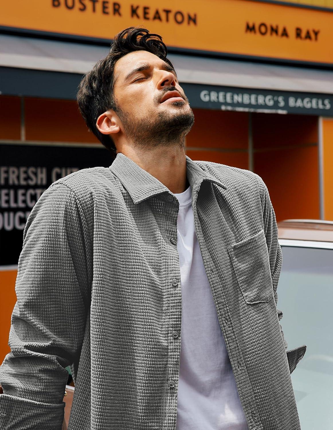 imagePJ PAUL JONES Mens Button Down Shirt Texture Wrinkle Free Shirts Long Sleeve Waffle Untucked ShirtGrey