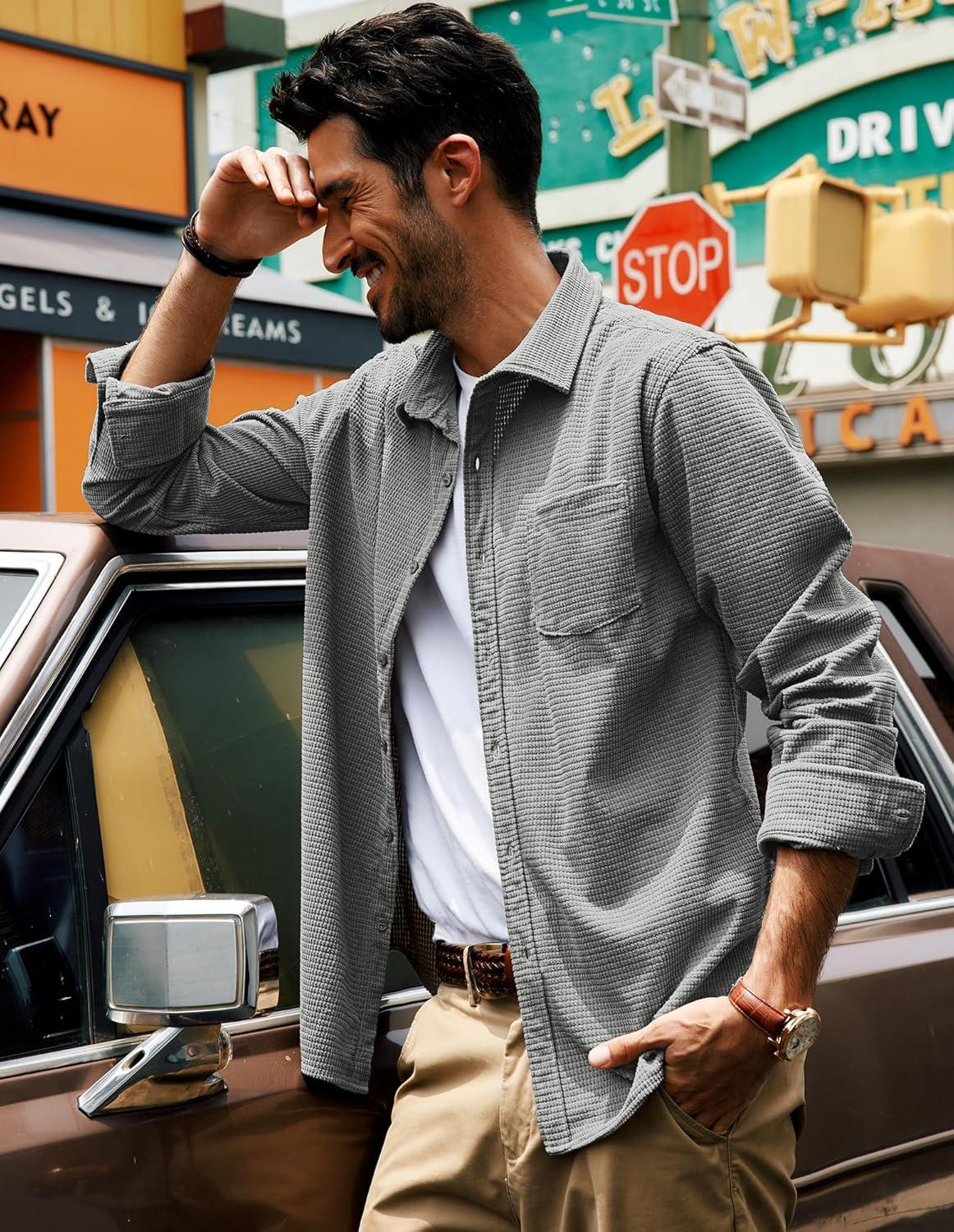 imagePJ PAUL JONES Mens Button Down Shirt Texture Wrinkle Free Shirts Long Sleeve Waffle Untucked ShirtGrey