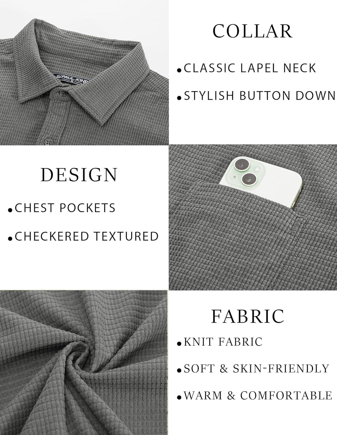 imagePJ PAUL JONES Mens Button Down Shirt Texture Wrinkle Free Shirts Long Sleeve Waffle Untucked ShirtGrey