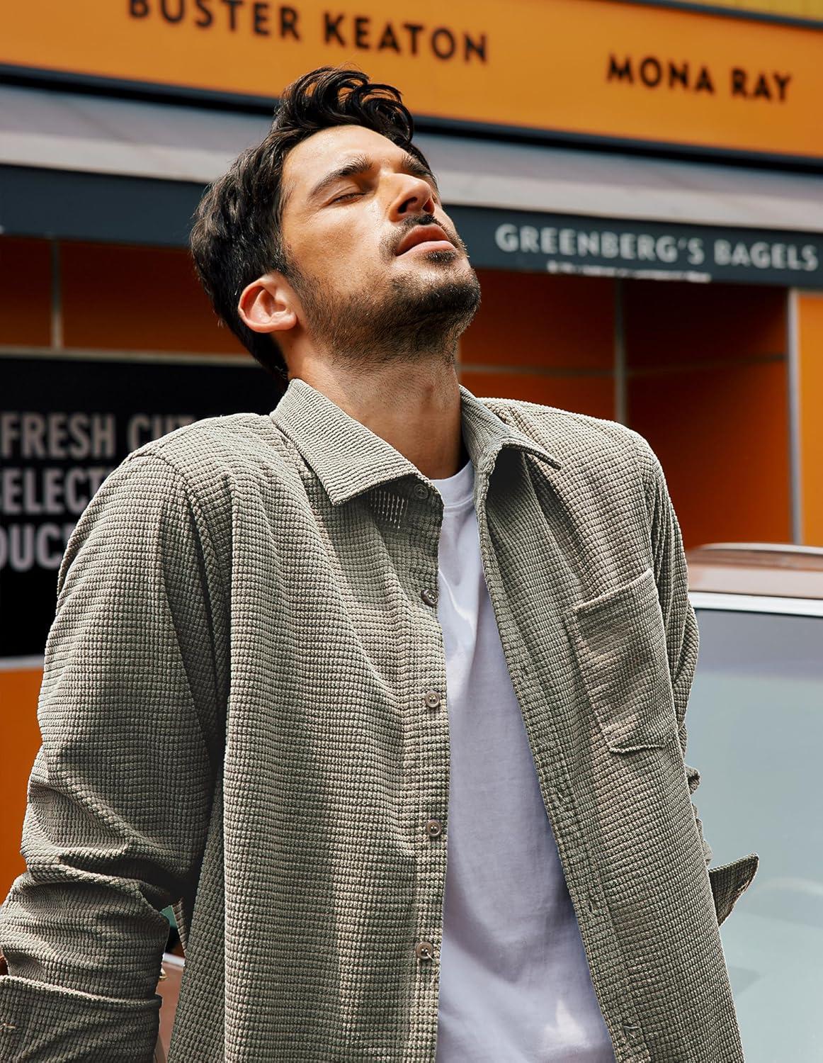 imagePJ PAUL JONES Mens Button Down Shirt Texture Wrinkle Free Shirts Long Sleeve Waffle Untucked ShirtGrey Green