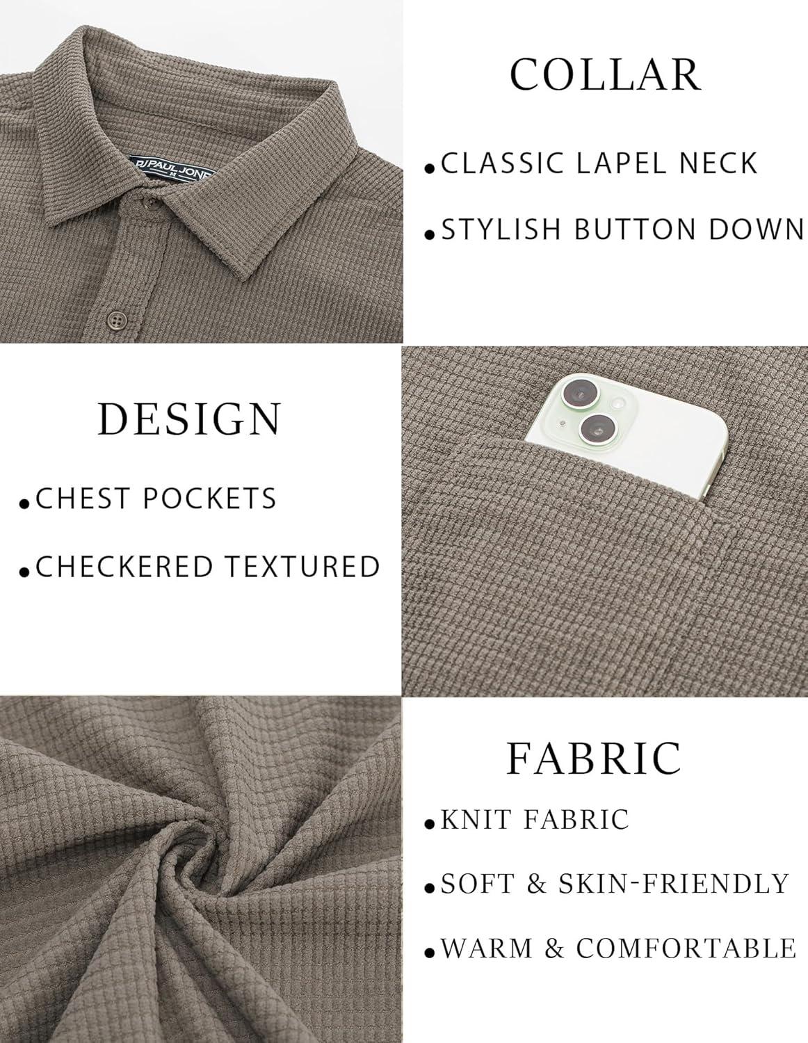 imagePJ PAUL JONES Mens Button Down Shirt Texture Wrinkle Free Shirts Long Sleeve Waffle Untucked ShirtGrey Green