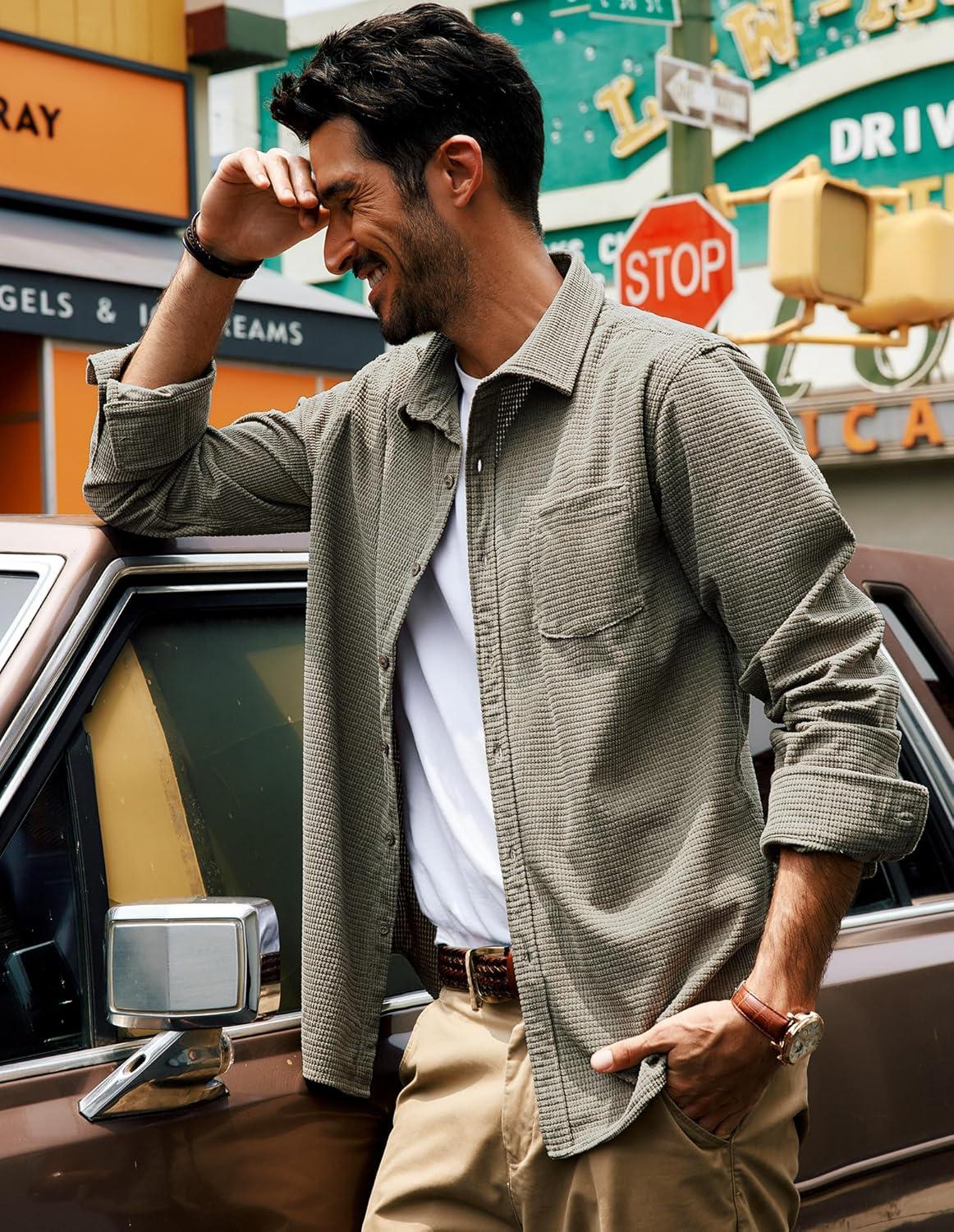 imagePJ PAUL JONES Mens Button Down Shirt Texture Wrinkle Free Shirts Long Sleeve Waffle Untucked ShirtGrey Green