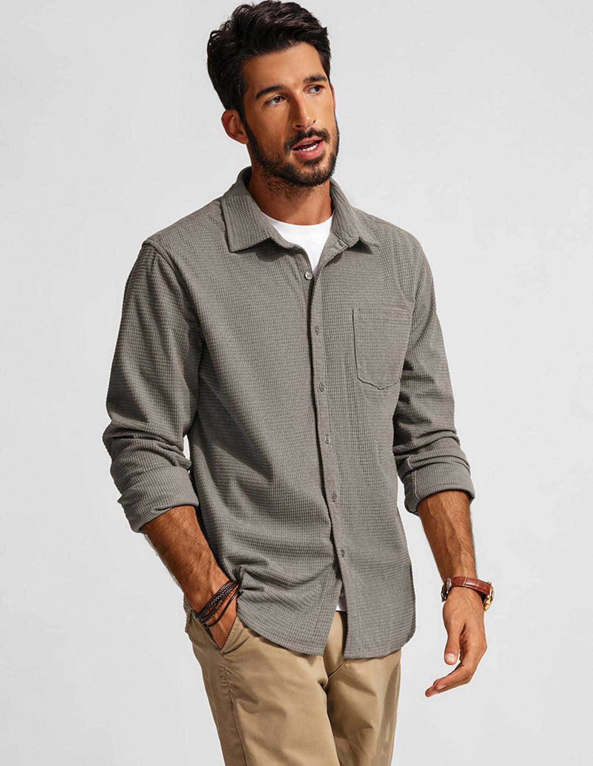 imagePJ PAUL JONES Mens Button Down Shirt Texture Wrinkle Free Shirts Long Sleeve Waffle Untucked ShirtGrey Green