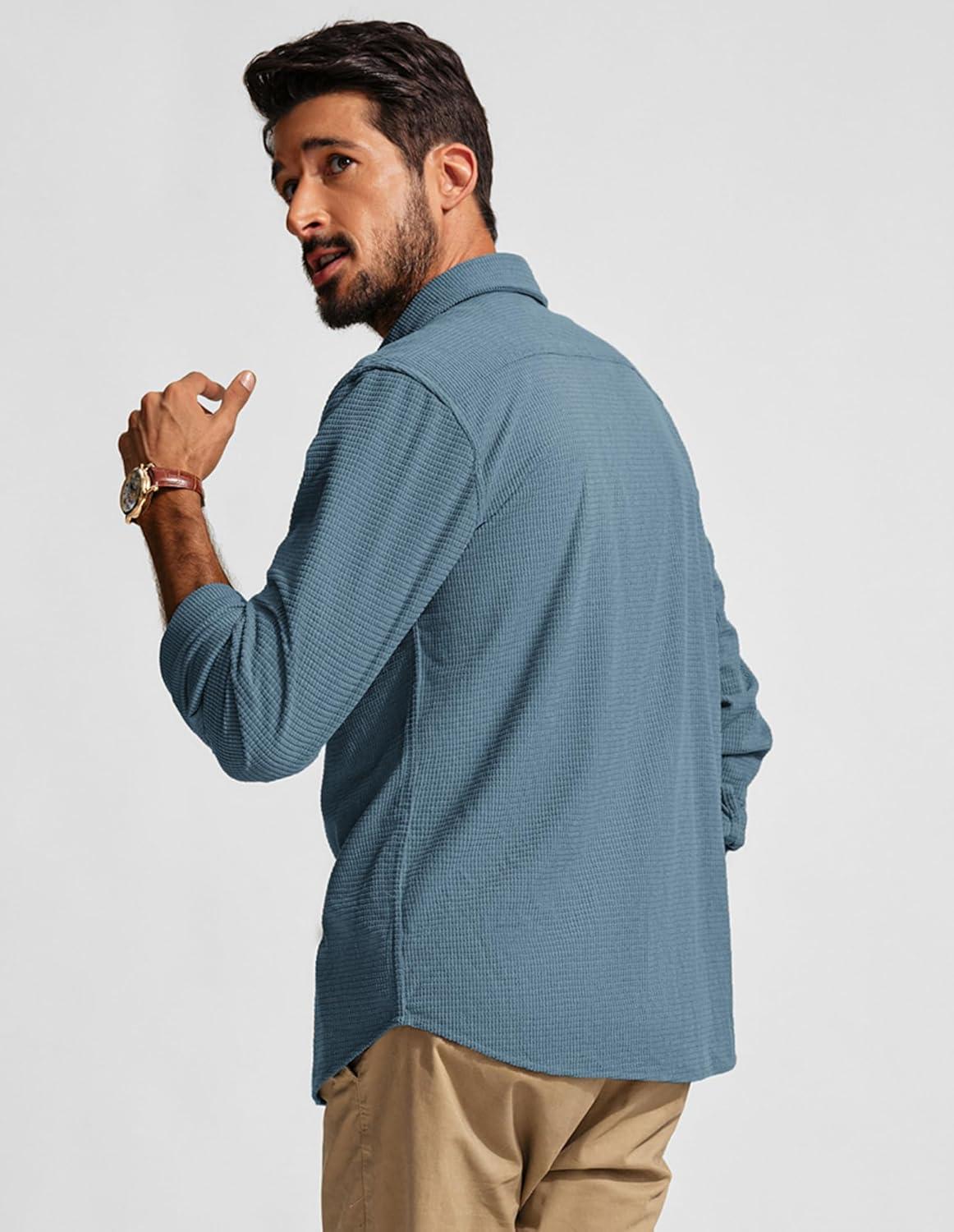 imagePJ PAUL JONES Mens Button Down Shirt Texture Wrinkle Free Shirts Long Sleeve Waffle Untucked ShirtSky Blue