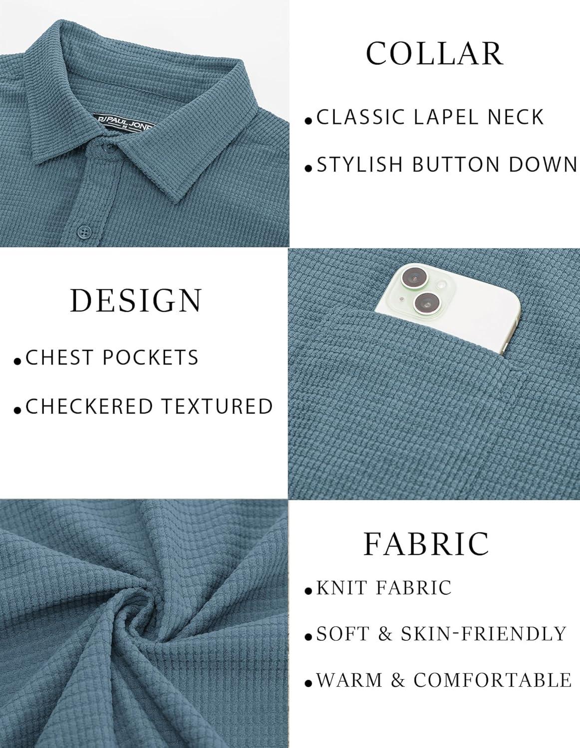 imagePJ PAUL JONES Mens Button Down Shirt Texture Wrinkle Free Shirts Long Sleeve Waffle Untucked ShirtSky Blue
