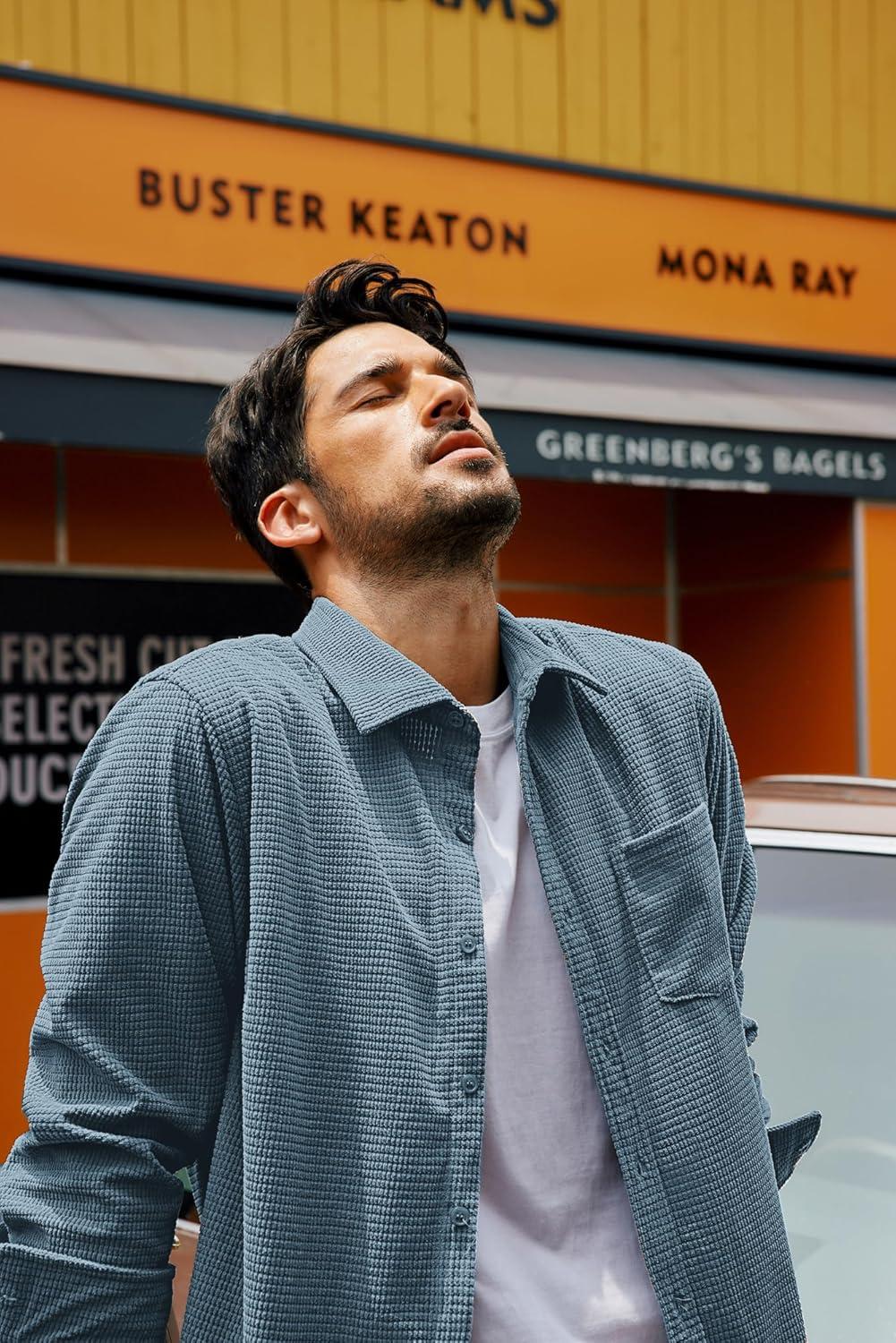 imagePJ PAUL JONES Mens Button Down Shirt Texture Wrinkle Free Shirts Long Sleeve Waffle Untucked ShirtSky Blue