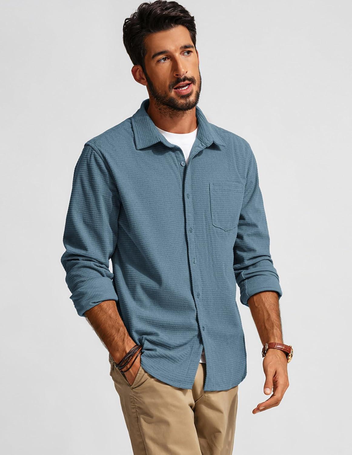 imagePJ PAUL JONES Mens Button Down Shirt Texture Wrinkle Free Shirts Long Sleeve Waffle Untucked ShirtSky Blue