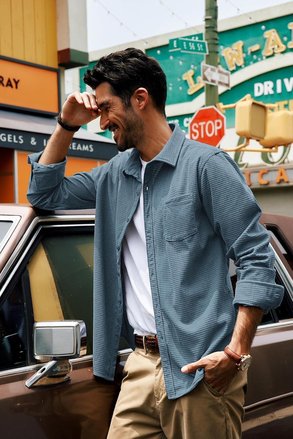 imagePJ PAUL JONES Mens Button Down Shirt Texture Wrinkle Free Shirts Long Sleeve Waffle Untucked ShirtSky Blue