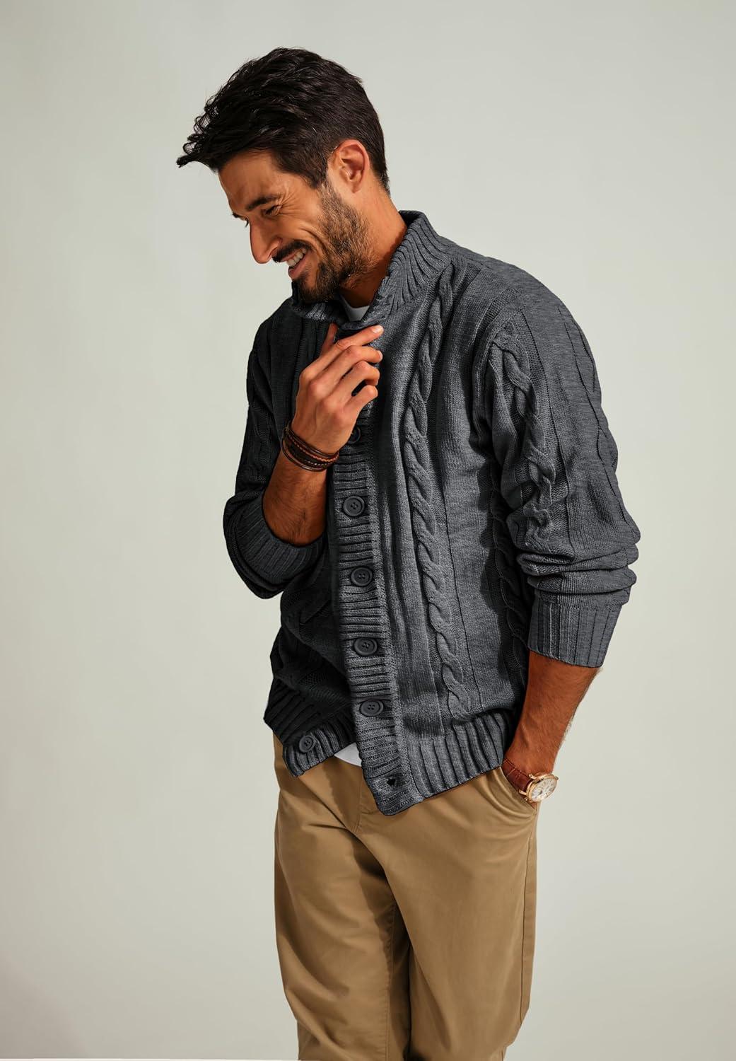 imagePJ PAUL JONES Mens Cable Knit Cardigan Sweaters Casual Stand Collar Slim Fit Long Sleeve Button Down Sweaters