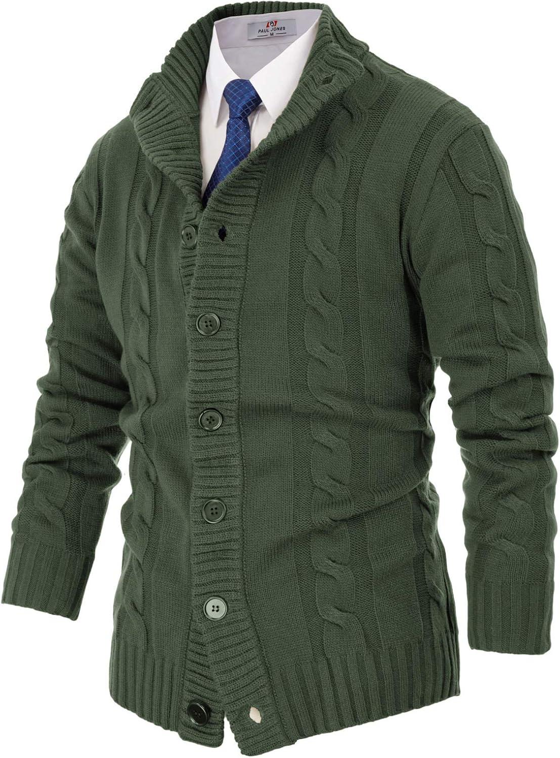 imagePJ PAUL JONES Mens Cable Knit Cardigan Sweaters Casual Stand Collar Slim Fit Long Sleeve Button Down SweatersArmy Greennew