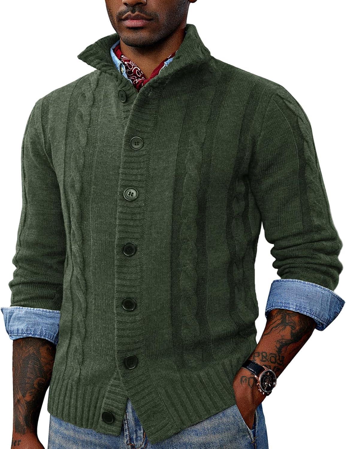 imagePJ PAUL JONES Mens Cable Knit Cardigan Sweaters Casual Stand Collar Slim Fit Long Sleeve Button Down SweatersArmy Greennew