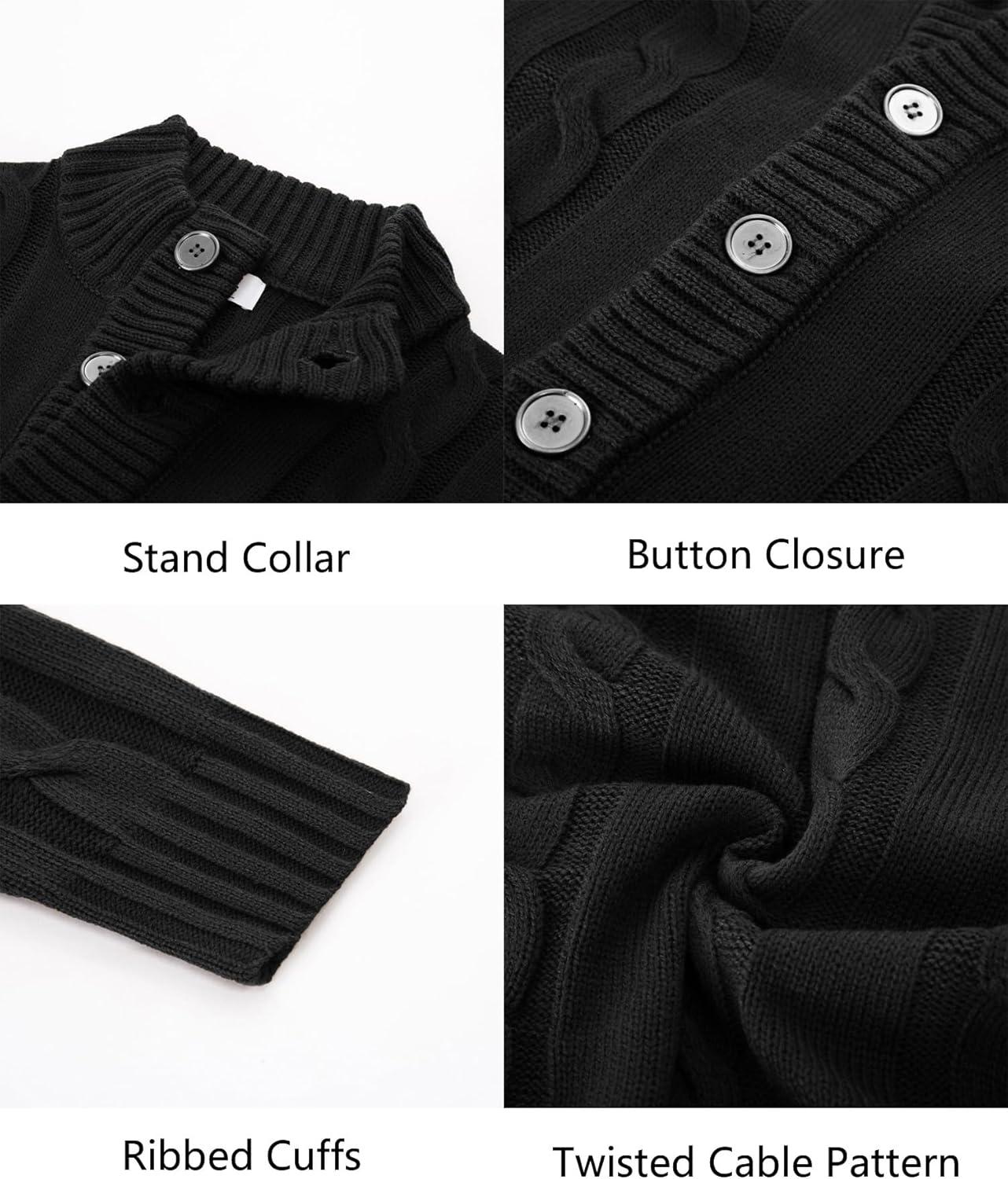 imagePJ PAUL JONES Mens Cable Knit Cardigan Sweaters Casual Stand Collar Slim Fit Long Sleeve Button Down SweatersBlack