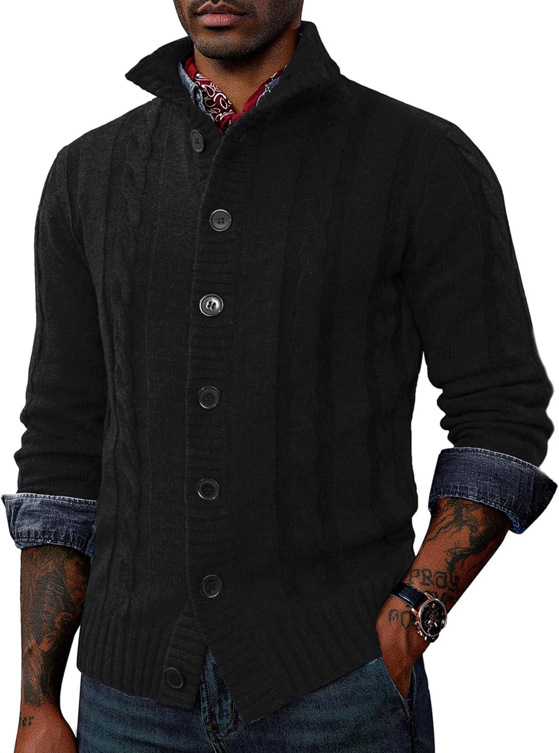 imagePJ PAUL JONES Mens Cable Knit Cardigan Sweaters Casual Stand Collar Slim Fit Long Sleeve Button Down SweatersBlack