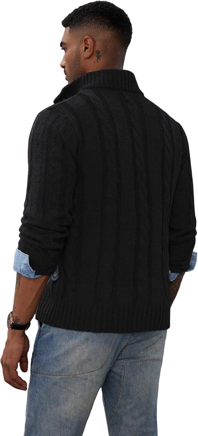 imagePJ PAUL JONES Mens Cable Knit Cardigan Sweaters Casual Stand Collar Slim Fit Long Sleeve Button Down SweatersBlack