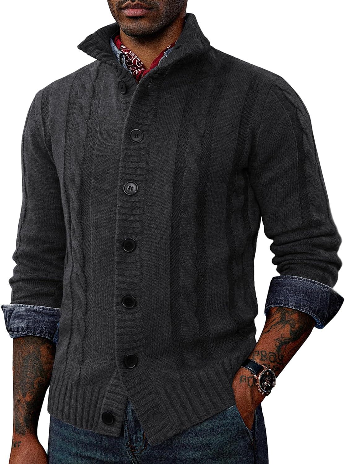 imagePJ PAUL JONES Mens Cable Knit Cardigan Sweaters Casual Stand Collar Slim Fit Long Sleeve Button Down SweatersBlack Grey
