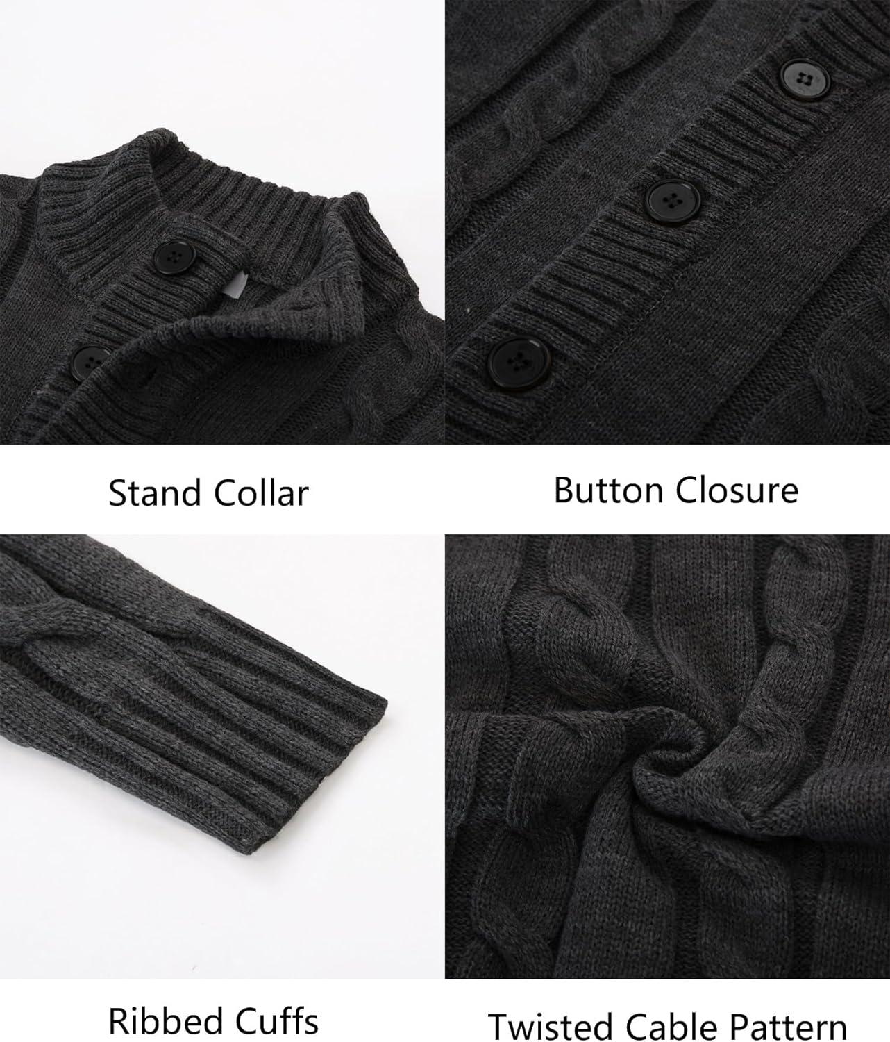 imagePJ PAUL JONES Mens Cable Knit Cardigan Sweaters Casual Stand Collar Slim Fit Long Sleeve Button Down SweatersBlack Grey