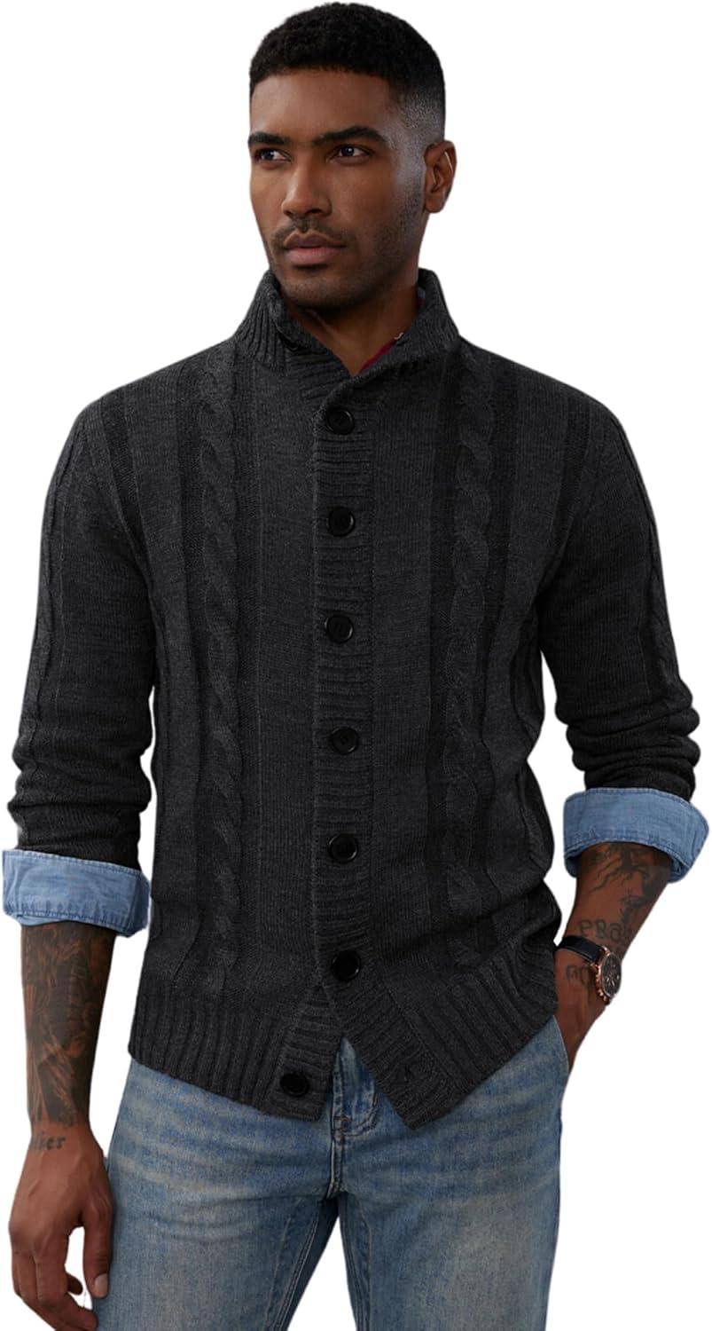 imagePJ PAUL JONES Mens Cable Knit Cardigan Sweaters Casual Stand Collar Slim Fit Long Sleeve Button Down SweatersBlack Grey