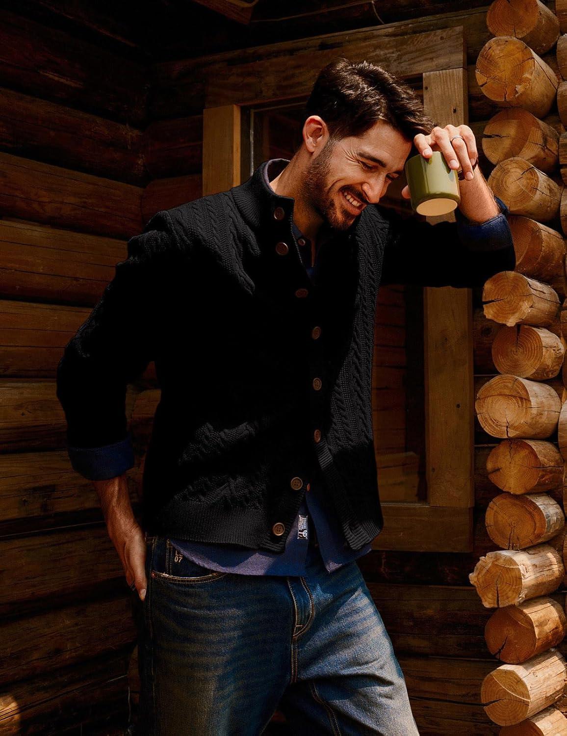 imagePJ PAUL JONES Mens Cable Knit Cardigan Sweaters Casual Stand Collar Slim Fit Long Sleeve Button Down SweatersBlackcable