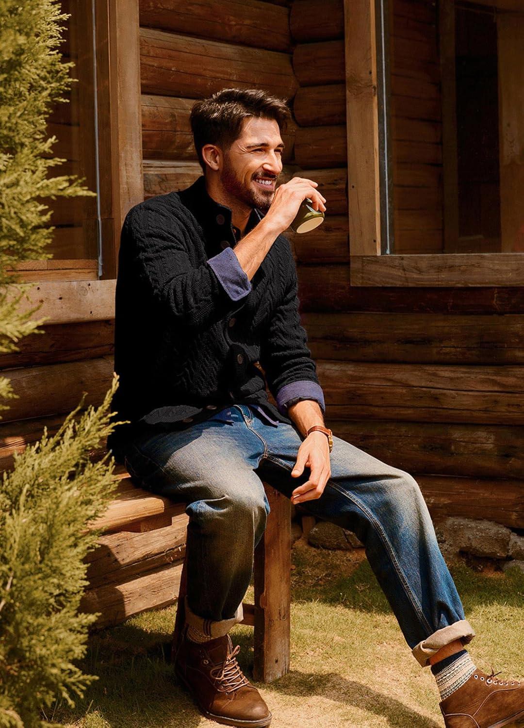 imagePJ PAUL JONES Mens Cable Knit Cardigan Sweaters Casual Stand Collar Slim Fit Long Sleeve Button Down SweatersBlackcable