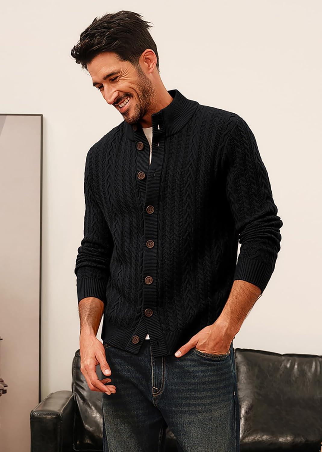 imagePJ PAUL JONES Mens Cable Knit Cardigan Sweaters Casual Stand Collar Slim Fit Long Sleeve Button Down SweatersBlackcable