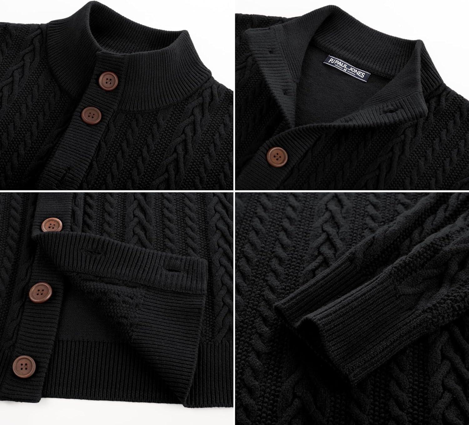 imagePJ PAUL JONES Mens Cable Knit Cardigan Sweaters Casual Stand Collar Slim Fit Long Sleeve Button Down SweatersBlackcable