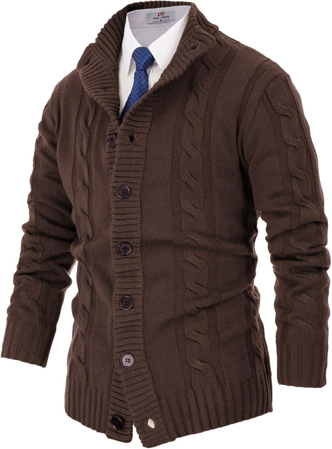 imagePJ PAUL JONES Mens Cable Knit Cardigan Sweaters Casual Stand Collar Slim Fit Long Sleeve Button Down SweatersCoffee