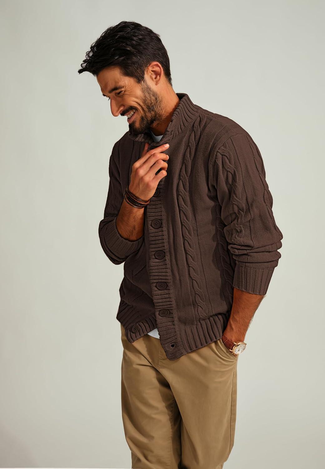 imagePJ PAUL JONES Mens Cable Knit Cardigan Sweaters Casual Stand Collar Slim Fit Long Sleeve Button Down SweatersCoffee