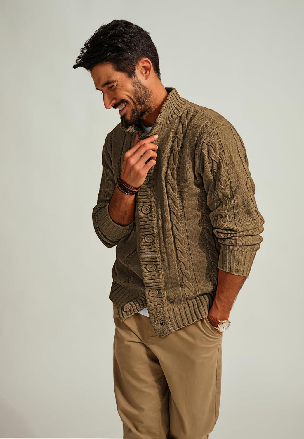 imagePJ PAUL JONES Mens Cable Knit Cardigan Sweaters Casual Stand Collar Slim Fit Long Sleeve Button Down SweatersCoyote