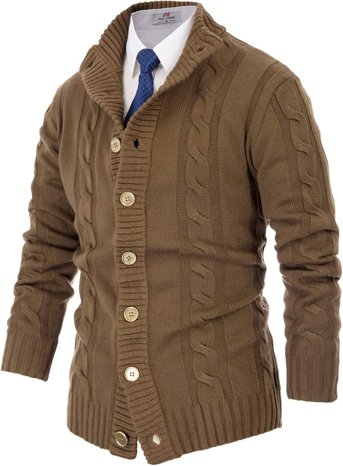 imagePJ PAUL JONES Mens Cable Knit Cardigan Sweaters Casual Stand Collar Slim Fit Long Sleeve Button Down SweatersCoyote
