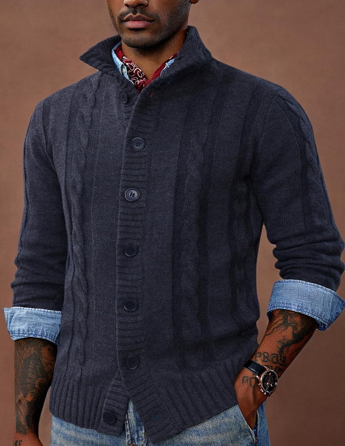 imagePJ PAUL JONES Mens Cable Knit Cardigan Sweaters Casual Stand Collar Slim Fit Long Sleeve Button Down SweatersDark Blue