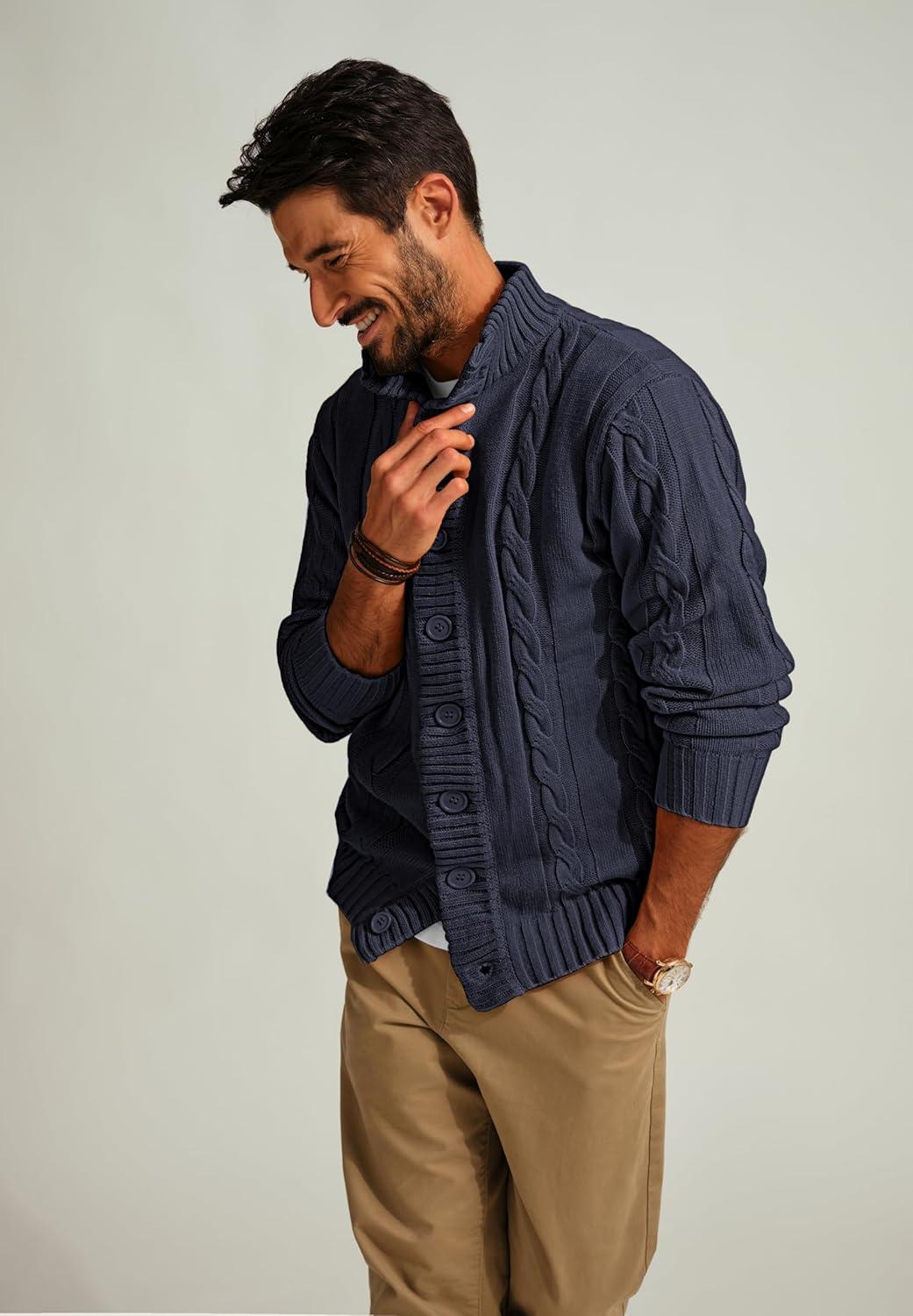 imagePJ PAUL JONES Mens Cable Knit Cardigan Sweaters Casual Stand Collar Slim Fit Long Sleeve Button Down SweatersDark Blue