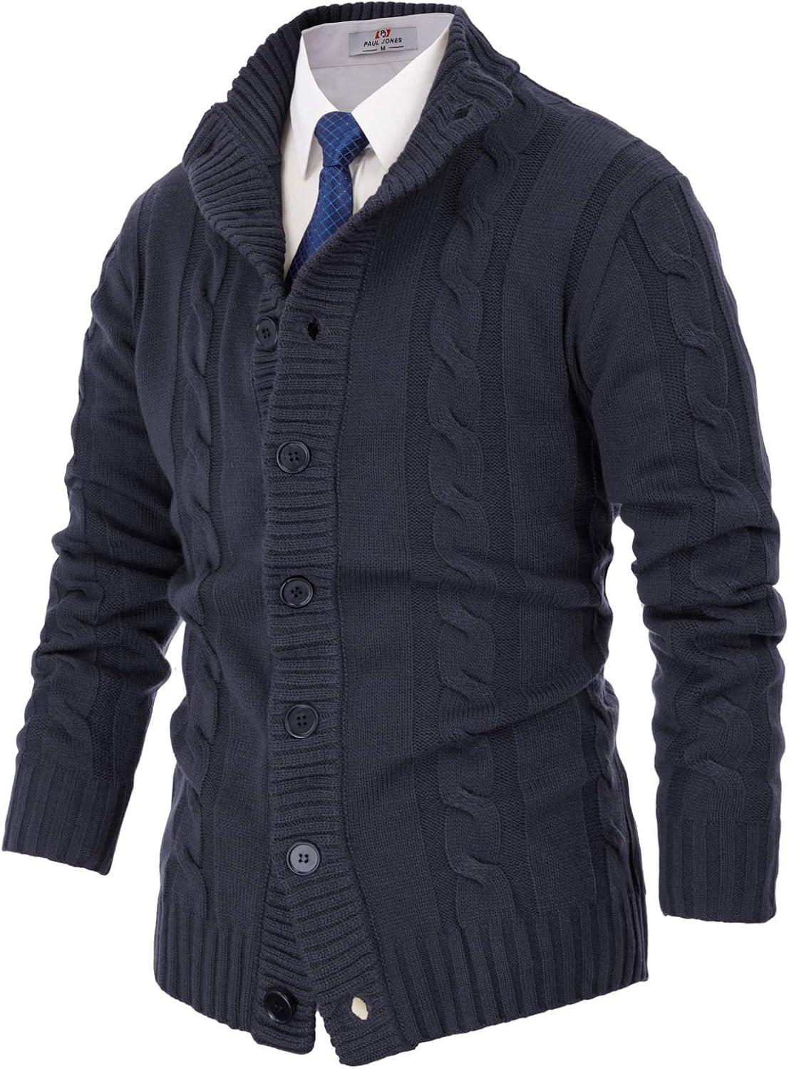 imagePJ PAUL JONES Mens Cable Knit Cardigan Sweaters Casual Stand Collar Slim Fit Long Sleeve Button Down SweatersDark Blue