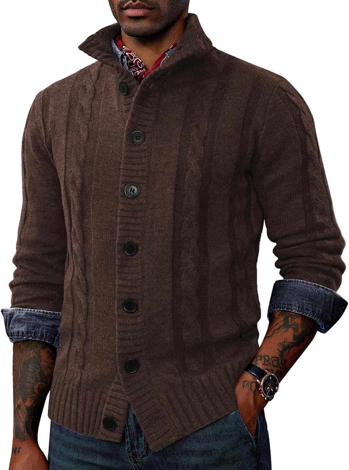 imagePJ PAUL JONES Mens Cable Knit Cardigan Sweaters Casual Stand Collar Slim Fit Long Sleeve Button Down SweatersDark Coffee