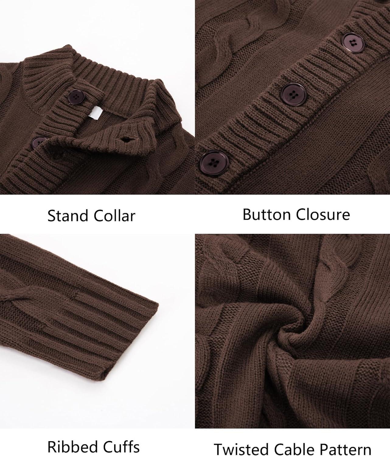imagePJ PAUL JONES Mens Cable Knit Cardigan Sweaters Casual Stand Collar Slim Fit Long Sleeve Button Down SweatersDark Coffee