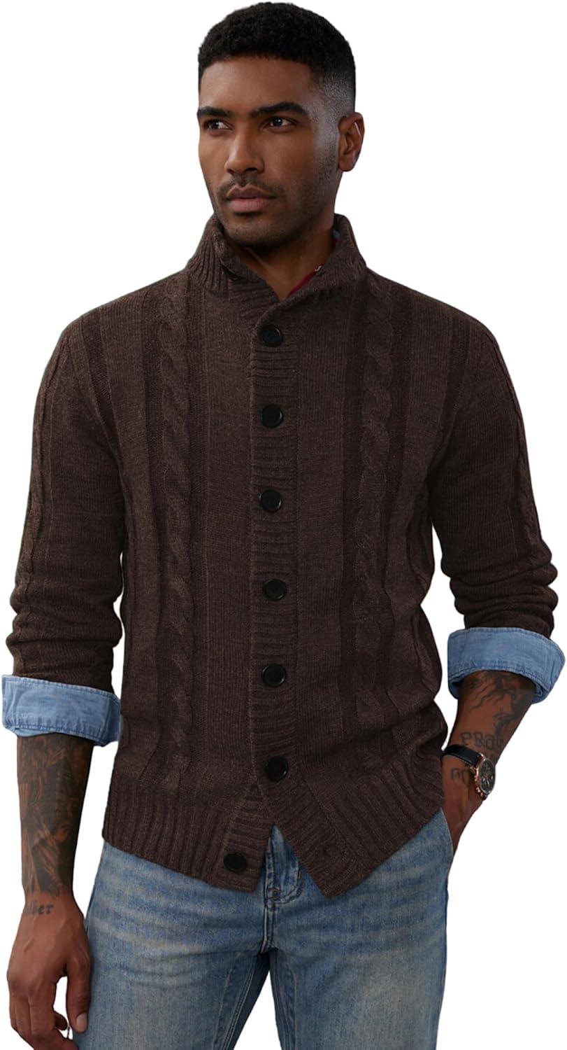 imagePJ PAUL JONES Mens Cable Knit Cardigan Sweaters Casual Stand Collar Slim Fit Long Sleeve Button Down SweatersDark Coffee